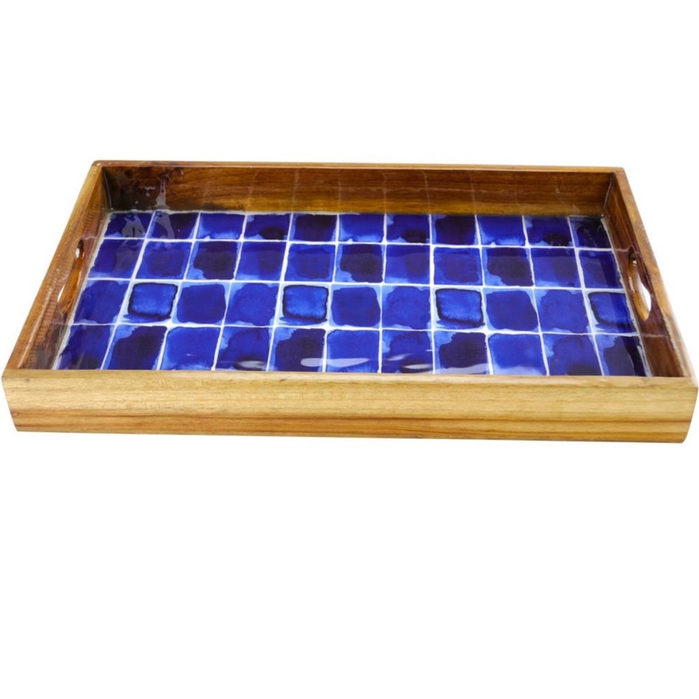 Gibson Elite Rectangle Serving Tray Dark Blue Enameled Handles Decor Display